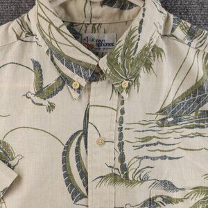 Reyn Spooner Large Cotton Blend Button Up Shirt Hawaiian Bird Print Green Floral